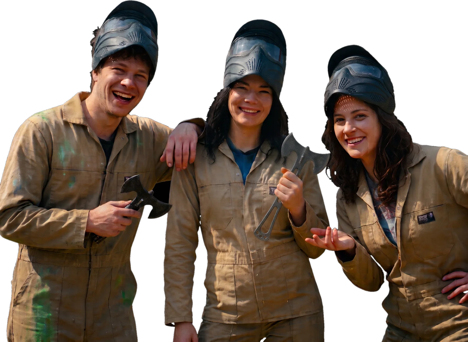 Three players in overalls holding throwing axes at Legends Paintball Hazeldean